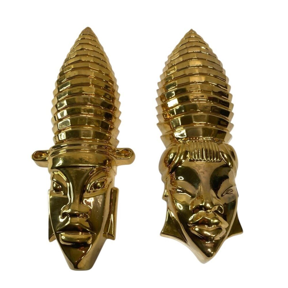 Vintage‎ Mallory Ceramics Studios Tribal Wall Art Mask Pottery Bright Gold Tone
